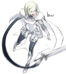 Rule 34 | 00s, 1girl, armor, breasts, claymore (series), claymore (sword), face, full body, helen, kyo (kuroichigo), open mouth, screencap, short hair, simple background, sketch, solo, stretching, sword, thighhighs, weapon, yellow eyes