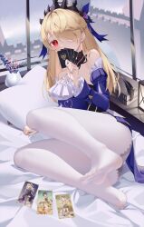 Rule 34 | 1girl, bare shoulders, bed sheet, bingchuan xian yu huang, black panties, blonde hair, blush, book, bow, breasts, detached sleeves, dress, eyepatch, feet, fischl (ein immernachtstraum) (genshin impact), fischl (genshin impact), frills, genius invokation tcg, genshin impact, hair over one eye, hair ribbon, highres, jewelry, lamp, legs, long hair, long sleeves, looking at viewer, medium breasts, no shoes, official alternate costume, on bed, panties, panties under pantyhose, pantyhose, pillow, purple dress, red eyes, ribbon, see-through, soles, solo, strip game, thighhighs, tiara, toes, underwear, white thighhighs, window