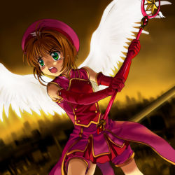 Rule 34 | 1990s (style), 1girl, angel wings, angry, antenna hair, brown hair, cardcaptor sakura, child, dutch angle, elbow gloves, feathered wings, flying, gloves, green eyes, hat, highres, holding, holding staff, hoshi no tsue, kinomoto sakura, mutsuki (moonknives), one eye closed, open mouth, outdoors, pink footwear, pink hat, pink shorts, pleated skirt, red gloves, red skirt, retro artstyle, round teeth, shoes, short hair, shorts, shorts under skirt, skirt, sleeveless, solo, staff, tears, teeth, white wings, wings