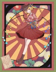 Rule 34 | blonde hair, boots, brown footwear, flandre scarlet, hair ribbon, hat, highres, hiratose02 (mxx 459), open mouth, origami, paper crane, pointy ears, postage stamp, postcard, red eyes, red headwear, red shirt, red skirt, ribbon, shirt, skirt, touhou, vampire, wings