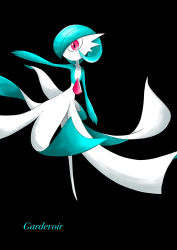 Rule 34 | 1girl, alternate color, arm at side, arm up, black background, blue hair, blue skin, bob cut, character name, colored skin, creatures (company), english text, female focus, flat chest, full body, game freak, gardevoir, gen 3 pokemon, highres, looking to the side, multicolored skin, nintendo, no mouth, outstretched arm, pokemon, pokemon (creature), red eyes, rve, shiny pokemon, short hair, simple background, solo, standing, standing on one leg, two-tone skin, white skin