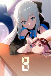 Rule 34 | 2girls, black bow, black dress, blue eyes, bow, braid, breasts, cleavage, dress, echo (circa), fate/grand order, fate (series), french braid, grey hair, habetrot (fate), hair bow, hat, large breasts, long hair, long sleeves, morgan le fay (fate), multiple girls, pink hair, pink headwear, pointy ears, ponytail, red eyes, sidelocks, smile, very long hair