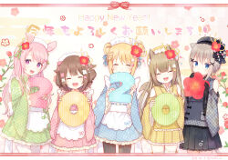 5girls :d ^_^ animal_ears apron bilingual_text black_hat black_kimono black_pantyhose blonde_hair blue_kimono bow brown_hair center-flap_bangs closed_eyes english_text flower frilled_apron frilled_skirt frills green_kimono hair_between_eyes hair_flower hair_ornament happy_new_year hat holding japanese_clothes kimono kon_hoshiro maid_headdress mixed-language_text multiple_girls new_year open_mouth original pantyhose pink_bow pink_eyes pink_flower pink_hair pink_kimono plaid_clothes plaid_kimono plaid_skirt pleated_skirt red_flower skirt smile star_(symbol) star_hair_ornament swept_bangs teeth thighhighs tongue upper_teeth_only waist_apron white_apron white_bow white_flower white_thighhighs yellow_hat yellow_kimono