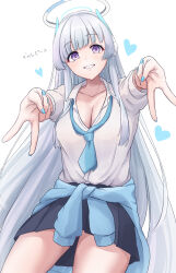 Rule 34 | 1girl, absurdres, black skirt, blue archive, blue cardigan, blue nails, blush, breasts, cardigan, cardigan around waist, cleavage, clothes around waist, collarbone, collared shirt, cowboy shot, fingernails, grey hair, grin, gyaru v, halo, heart, highres, large breasts, long hair, long sleeves, looking at viewer, mechanical halo, nail polish, noa (blue archive), ogura toast, pleated skirt, purple eyes, shirt, simple background, skirt, smile, solo, v, white background, white shirt