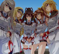 10s 5girls blonde_hair blue_eyes breasts cecilia_alcott charlotte_dunois curly_hair eyepatch green_eyes grey_hair hands_on_own_hips hiropon_pj huang_lingyin infinite_stratos jodhpurs large_breasts laura_bodewig lehs long_hair medium_breasts multiple_girls open_mouth pants purple_eyes ribbon school_uniform shinonono_houki short_hair smile smug thighhighs thighs twintails unamused very_long_hair you_gonna_get_raped