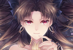 Rule 34 | 1girl, black ribbon, bridal gauntlets, brown hair, earrings, fate/grand order, fate (series), hair ribbon, ishtar (fate), ishtar (fate), jewelry, long hair, looking at viewer, portrait, red eyes, ribbon, silverbin, smile, solo, tohsaka rin, two side up