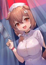 Rule 34 | 1girl, :d, animal ears, black choker, blush, bone hair ornament, bonesaw, breasts, brown hair, choker, collared shirt, curtains, dog ears, dog girl, dog tail, dutch angle, hair between eyes, hair ornament, hat, highres, holding, holding knife, hololive, inugami korone, knife, large breasts, long hair, looking at viewer, nail polish, nurse cap, open mouth, red eyes, saw, shirt, short sleeves, smile, solo, tail, uneg, upper body, virtual youtuber, white shirt, yandere, yellow nails