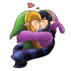 Rule 34 | 2boys, black hair, blonde hair, blue eyes, blue scarf, blush, closed eyes, closed mouth, couple, elf, green headwear, hat, heart, hug, imminent kiss, link, long sleeves, looking at another, male focus, multiple boys, nintendo, parted lips, pointy ears, ravio, scarf, short hair, smile, striped clothes, striped scarf, the legend of zelda, the legend of zelda: a link between worlds, twilishady, upper body, yaoi