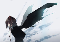 Rule 34 | 1girl, abstract background, alternate costume, black hair, black wings, coat, hands in pockets, itsutsuki, profile, red eyes, shameimaru aya, solo, touhou, wings