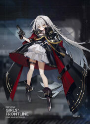 Rule 34 | 1girl, ahoge, black coat, black dress, black footwear, black gloves, black hair, breasts, character name, chiappa firearms, chiappa rhino, cleavage, closed mouth, coat, dress, frilled dress, frills, full body, girls&#039; frontline, gloves, gun, hair between eyes, half gloves, hand on own hip, handgun, holding, holding gun, holding weapon, holster, long hair, looking at viewer, low bore axis revolver, medium breasts, multicolored hair, official art, open clothes, open coat, oversized clothes, revolver, rhino (girls&#039; frontline), short sleeves, single half glove, solo, standing, streaked hair, thigh holster, trigger discipline, very long hair, weapon, white hair, yellow eyes, youamo