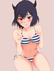 Rule 34 | 1girl, artist request, bare shoulders, bikini, black clover, black hair, blue bikini, blush, breasts, claw pose, clenched hands, cowboy shot, front-tie bikini top, front-tie top, horns, jpeg artifacts, multicolored bikini, multicolored clothes, multicolored swimsuit, navel, pink background, print bikini, print swimsuit, red eyes, secre swallowtail, short hair, side-tie bikini bottom, simple background, small breasts, smile, source request, striped bikini, striped clothes, swimsuit, tsurime, white bikini