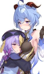 Rule 34 | 2girls, ahoge, bell, blue hair, blush, braid, breasts, commentary, cowbell, ganyu (genshin impact), genshin impact, goat horns, hat, highres, horns, hug, jiangshi, kanzarin, large breasts, long hair, long sleeves, looking at viewer, multiple girls, open mouth, purple eyes, purple hair, purple headwear, qingdai guanmao, qiqi (genshin impact), simple background, small breasts, talisman, white background