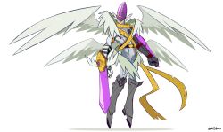 Rule 34 | angel, angel wings, covered eyes, digimon, energy sword, highres, holyangemon, mask, sword, weapon, wings