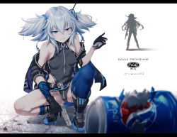 Rule 34 | 2girls, bare shoulders, belt, black gloves, blue eyes, blue socks, blue thighhighs, breasts, can, colt revolver (girls&#039; frontline), commentary request, covered erect nipples, drink can, girls&#039; frontline, gloves, glowing, glowing eyes, grey hair, gun, holding, holding gun, holding weapon, letterboxed, magazine (weapon), mishima hiroji, multiple girls, off-shoulder jacket, off shoulder, pa-15 (girls&#039; frontline), parted lips, pepsi, pointy breasts, shell casing, single thighhigh, small breasts, socks, soda can, squatting, thighhighs, twintails, weapon, white background
