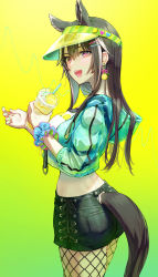 Rule 34 | 1girl, :d, animal ears, ass, black hair, black shorts, breasts, character request, cowboy shot, cup, drinking straw, drop earrings, earrings, fishnet pantyhose, fishnets, from side, gradient background, green nails, hair between eyes, highres, holding, holding cup, horse ears, horse tail, jewelry, large breasts, long hair, looking at viewer, midriff, nail polish, open mouth, original, pantyhose, pink eyes, pocket, revision, scrunchie, shorts, simple background, smile, solo, syuri22, tail, visor cap, wrist scrunchie, yellow background