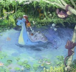 Rule 34 | 1girl, aipom, bad drawr id, bad id, brown footwear, closed mouth, creatures (company), day, forest, game freak, gen 1 pokemon, gen 2 pokemon, gen 3 pokemon, grass, hat, in tree, jumpluff, kneehighs, lapras, lily pad, long sleeves, lotad, lyra (pokemon), masquerain, nature, nintendo, oekaki, orolo, outdoors, pineco, pinecone, pointing, pointing forward, pokemon, pokemon (creature), pokemon hgss, red headwear, red shirt, red skirt, river, shirt, shoes, shroomish, skirt, socks, standing, stantler, sudowoodo, surskit, togetic, tree, two-tone headwear, two-tone skirt, white headwear, white socks, wooper, yellow skirt