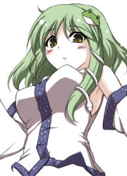 Rule 34 | 1girl, :o, blush, breasts, detached sleeves, female focus, frog, from below, green hair, japanese clothes, kochiya sanae, large breasts, long hair, looking down, miko, simple background, snake, solo, touhou, tsukishiro kou, upper body, yellow eyes