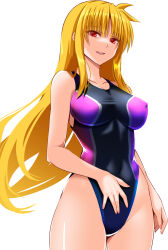 Rule 34 | 1girl, black one-piece swimsuit, blonde hair, breasts, commentary request, competition swimsuit, cowboy shot, engo (aquawatery), fate testarossa, highleg, highleg swimsuit, highres, large breasts, long hair, lyrical nanoha, mahou shoujo lyrical nanoha strikers, one-piece swimsuit, open mouth, red eyes, simple background, smile, solo, swimsuit, two-tone swimsuit, white background