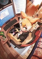 Rule 34 | 1girl, animal ears, blonde hair, chair, controller, coyopotato, coyote (kemono friends), elbow gloves, extra ears, game controller, gloves, highres, jacket, kemono friends, kemono friends v project, keyboard (computer), looking at viewer, mcgunngu, microphone, monitor, shirt, short hair, skirt, stuffed toy, tail, thighhighs, virtual youtuber, wolf ears, wolf girl, wolf tail, yellow eyes