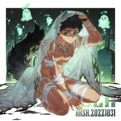 Rule 34 | 1boy, animal ears, arsh (thestarwish), artist name, bandages, black hair, blue eyes, body markings, dated, facial mark, forehead mark, ghost, grave, graveyard, halloween, halo, highres, jewelry, looking at viewer, male focus, muscular, muscular male, naked bandage, necklace, night, nipples, original, pectorals, short hair, sitting, solo, sweatdrop, tail, toned, toned male, tooth necklace, wolf boy, wolf ears, wolf tail