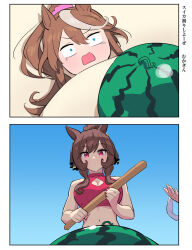 Rule 34 | 1girl, alternate costume, animal ears, beach, bikini, blue eyes, blue sky, breasts, brown hair, character request, check character, cleavage, cleavage cutout, clothing cutout, commentary request, day, food, fruit, gentildonna (umamusume), holding, holding stick, horse ears, horse girl, long hair, looking at viewer, medium breasts, mukakin, multicolored hair, multiple girls, navel, open mouth, outdoors, pink bikini, ponytail, sand, short hair, sirius symboli (umamusume), sky, sleeveless, stick, streaked hair, swimsuit, tokai teio (umamusume), umamusume, upper body, watermelon, white hair
