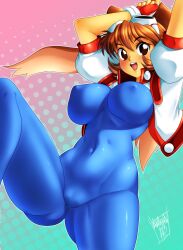 Rule 34 | 1girl, 2023, :d, animal ears, arms up, blue unitard, bob cut, bodysuit, breasts, brown eyes, brown hair, cameltoe, covered erect nipples, covered navel, cowboy shot, cropped jacket, danmakuman, fingerless gloves, gloves, gluteal fold, goggles, goggles on head, gradient background, happy, highres, jacket, large breasts, leg up, looking at viewer, makihara arina, multicolored background, open clothes, open jacket, open mouth, rabbit ears, red gloves, short hair, signature, simple background, skin tight, smile, solo, teeth, thick thighs, thighs, upper teeth only, waku waku 7, white jacket