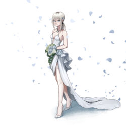 Rule 34 | 1girl, absurdres, alternate costume, an-94 (girls&#039; frontline), aqua eyes, bare shoulders, blonde hair, blush, bouquet, breasts, closed mouth, collarbone, crush kim, dress, flower, full body, girls&#039; frontline, hair flower, hair ornament, high heels, highres, holding, holding bouquet, holding flower, legs, lips, long hair, looking at viewer, petals, ponytail, sidelocks, small breasts, smile, solo, standing, thighhighs, wedding, wedding dress, white background, white dress, white footwear, white thighhighs