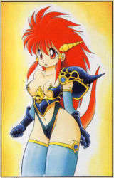 Rule 34 | 1990s (style), 1girl, armor, blue thighhighs, dragon half, gloves, horns, long hair, mink (dragon half), pauldrons, red eyes, red hair, retro artstyle, shoulder armor, smile, solo, tail, thighhighs, yellow background