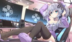 Rule 34 | 1girl, animal slippers, black thighhighs, blue eyes, chair, gaming chair, grey hair, hair ornament, headphones, henzer, indoors, jacket, monitor, mouse (computer), on chair, open clothes, open jacket, original, sitting, slippers, swivel chair, thighhighs