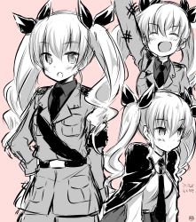 Rule 34 | 10s, 1girl, :d, ^ ^, akane souichi, anchovy (girls und panzer), anzio military uniform, blush, bow, closed eyes, closed mouth, fang, girls und panzer, greyscale, hair between eyes, hair bow, hand on own hip, light smile, military, military uniform, monochrome, multiple views, open mouth, ringlets, sketch, smile, twintails, uniform