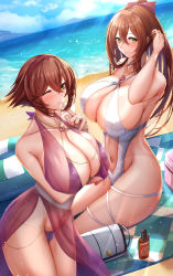 Rule 34 | 2girls, absurdres, adjusting hair, arm under breasts, beach, beach towel, bikini, blush, bow, breasts, brown hair, cleavage, clothing cutout, collarbone, criss-cross halter, crossover, day, girls&#039; frontline, green eyes, hair bow, halterneck, heart lock (kantai collection), highres, huge breasts, innertube, jewelry, kantai collection, long hair, looking at viewer, multiple girls, mutsu (kancolle), navel, navel cutout, necklace, ocean, one-piece swimsuit, one eye closed, outdoors, ponytail, purple bikini, ring, short hair, sitting, springfield (girls&#039; frontline), swim ring, swimsuit, tiri man, towel, wedding band, white one-piece swimsuit
