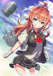 Rule 34 | 10s, 1girl, ahoge, arashi (kancolle), bad id, bad pixiv id, blue eyes, depth charge, enj!, gloves, highres, horizon, kantai collection, kerchief, looking at viewer, machinery, ocean, pleated skirt, red hair, school uniform, short hair, skirt, smile, solo, standing, vest, white gloves
