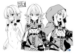 Rule 34 | 10s, 1girl, black bow, bow, breasts, cloak, elf, flat chest, gloves, goblin slayer!, high elf archer (goblin slayer!), holstered, hood, hooded cloak, knife, long hair, looking at viewer, monochrome, nude, pointy ears, ribbon, sidelocks, simple background, small breasts, white background