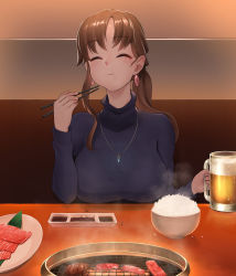 Rule 34 | 1girl, black shirt, bowl, breasts, brown hair, chopsticks, closed eyes, earrings, eating, food, food on face, grill, highres, jewelry, large breasts, long hair, long sleeves, meat, necklace, original, plate, rice, shichirin, shirofugu, shirt, solo, upper body, yakiniku
