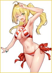 Rule 34 | 1girl, ;d, absurdres, ahoge, arm up, armpits, bikini, blonde hair, blush, border, bracelet, breasts, chinese commentary, cleavage, commentary request, covered erect nipples, cowboy shot, criss-cross halter, fate/grand order, fate (series), green eyes, groin, hair intakes, halterneck, highres, jewelry, large breasts, leaning forward, long hair, looking at viewer, navel, nero claudius (fate), nero claudius (fate) (all), nero claudius (swimsuit caster) (fate), one eye closed, open mouth, outstretched arm, panye, red bikini, red ribbon, ribbon, side-tie bikini bottom, sidelocks, simple background, smile, solo, stomach, striped bikini, striped clothes, swimsuit, thighs, twintails, white background, yellow border