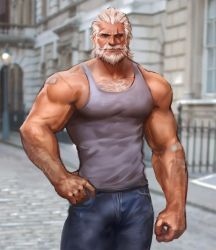 Rule 34 | 1boy, alternate costume, bandaid, bandaid on shoulder, bare shoulders, beard, biceps, body hair, chest hair, collarbone, cowboy shot, facial hair, hand on own hip, large pectorals, looking at viewer, male focus, manly, muscular, old, old man, overwatch, overwatch 1, pants, pectorals, photo background, reinhardt (overwatch), scar, scar across eye, scar on arm, scar on face, short hair, smile, solo, tank top, white hair, yy6242
