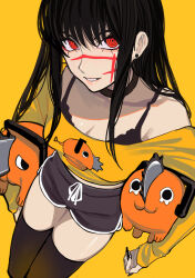 Rule 34 | 1girl, absurdres, black choker, black hair, black nails, black thighhighs, carrying, carrying under arm, chainsaw, chainsaw man, character print, choker, cross scar, dolphin shorts, earrings, facial scar, highres, jewelry, long hair, looking at viewer, off-shoulder sweater, off shoulder, parted lips, pochita (chainsaw man), red eyes, ringed eyes, sailen0, scar, scar on cheek, scar on face, shorts, simple background, smile, stud earrings, sweater, thighhighs, yellow background, yellow sweater, yoru (chainsaw man)
