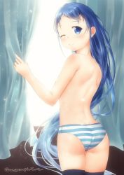 Rule 34 | 1girl, artist name, black thighhighs, blue eyes, blue hair, blue panties, blush, commentary request, curtain grab, curtains, gradient hair, kantai collection, light particles, long hair, looking at viewer, looking back, mae (maesanpicture), multicolored hair, one eye closed, panties, samidare (kancolle), sidelocks, smile, solo, striped clothes, striped panties, swept bangs, thighhighs, topless, underwear, underwear only, very long hair, white panties, window