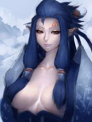 Rule 34 | 1girl, blue hair, breasts, breasts apart, brown eyes, capcom, facial mark, fumio (rsqkr), hair ornament, hair over breasts, light smile, lips, long hair, looking at viewer, monster hunter, monster hunter: world, monster hunter (series), pointy ears, solo, third fleet master (monster hunter world)