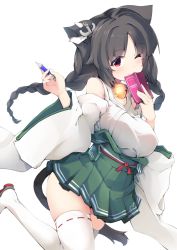 Rule 34 | 1girl, anchor hair ornament, animal ears, azur lane, bell, black hair, braid, breasts, cat ears, cat tail, cowboy shot, detached sleeves, fujy, green background, green hakama, hair ornament, hakama, hakama skirt, highres, japanese clothes, jingle bell, kimono, large breasts, looking at viewer, notebook, one eye closed, ooshio (azur lane), pencil, red eyes, skirt, smile, standing, standing on one leg, tail, twin braids, wide sleeves