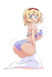 Rule 34 | 1girl, ^^^, alice margatroid, ass, bikini tan, blonde hair, blue bra, blue eyes, blue panties, bra, breast hold, breasts, commentary request, feet together, full body, fumitsuki (minaduki 6), hairband, hand on own thigh, hand on thigh, kneeling, large breasts, looking at viewer, looking back, open bra, open mouth, panties, short hair, sideboob, simple background, skindentation, solo, sweat, tan, tanline, thighhighs, touhou, underwear, underwear only, unfastened, white background, white thighhighs