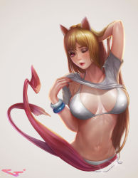 Rule 34 | 00s, 1girl, animal ears, arms up, bad id, bad pixiv id, bikini, blonde hair, bracelet, breasts, breasts apart, clothes lift, covered erect nipples, dungeon and fighter, female gunner (dungeon and fighter), halterneck, hand in own hair, head tilt, highres, jagercoke, jewelry, large breasts, lifted by self, lips, long hair, navel, nose, one eye closed, parted lips, pink eyes, shirt, shirt lift, short sleeves, silver bikini, simple background, solo, swept bangs, swimsuit, upper body