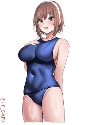 Rule 34 | 1girl, absurdres, alternate costume, blue one-piece swimsuit, blush, breasts, brown eyes, brown hair, commentary request, cowboy shot, hair between eyes, hairband, hand on own chest, highres, kantai collection, large breasts, looking at viewer, natori (kancolle), one-hour drawing challenge, one-piece swimsuit, open mouth, school swimsuit, short hair, simple background, smile, solo, swimsuit, tf cafe, twitter username, white background