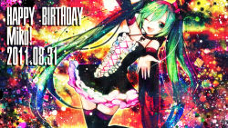Rule 34 | 1girl, absurdres, bad id, bad pixiv id, detached sleeves, dress, green eyes, green hair, hatsune miku, highres, long hair, matching hair/eyes, one eye closed, open mouth, sazanami shione, solo, thighhighs, twintails, very long hair, vocaloid, wink