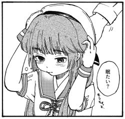 Rule 34 | 1girl, blunt bangs, blush, closed mouth, commentary, dodomori, gloves, greyscale, hair over shoulder, half-closed eyes, hands on own head, hat, hat ribbon, headpat, kantai collection, long hair, long sleeves, looking down, low twintails, mikura (kancolle), monochrome, motion lines, puffy short sleeves, puffy sleeves, ribbon, rope, sailor collar, sailor hat, sailor shirt, shirt, short sleeves, simple background, speech bubble, swept bangs, translated, twintails, upper body, white background