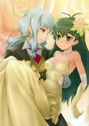 Rule 34 | 2girls, absurdres, alternate hairstyle, antenna hair, ascot, bare shoulders, black hair, blush, breasts, carrying, cleavage, dress, elbow gloves, evening gown, flower, formal, ganaha hibiki, gloves, hair flower, hair ornament, halterneck, halterneck, highres, idolmaster, idolmaster (classic), long hair, mikel (4hands), multiple girls, ponytail, princess carry, purple eyes, scan, shijou takane, silver hair, smile, suit, vest, yellow dress