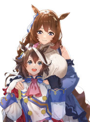 Rule 34 | 2girls, animal ears, blue bow, blue eyes, bow, breasts, brown hair, detached sleeves, flat chest, grey sweater, hair bow, hands on another&#039;s shoulders, highres, horse ears, horse girl, jacket, large breasts, looking down, looking up, multicolored hair, multiple girls, neckerchief, open mouth, passimo, pink neckerchief, smile, streaked hair, super creek (umamusume), sweater, tokai teio (umamusume), umamusume, white background, white hair, white jacket