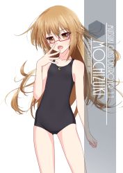 Rule 34 | 1girl, :o, ahoge, artist name, black one-piece swimsuit, blush, brown eyes, brown hair, character name, collarbone, commentary request, cowboy shot, crescent moon symbol, eyes visible through hair, flat chest, glasses, hair between eyes, highres, inaba shiki, kantai collection, logo, long hair, looking at viewer, mochizuki (kancolle), new school swimsuit, one-piece swimsuit, open mouth, red-framed eyewear, school swimsuit, semi-rimless eyewear, side ahoge, simple background, solo, swimsuit, under-rim eyewear, white background