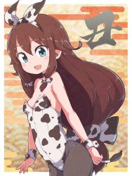 Rule 34 | 1girl, :d, animal print, black choker, black pantyhose, blue eyes, border, bow, breasts, brown hair, chinese zodiac, choker, commentary request, covered navel, cow print, cow tail, cowboy shot, egasumi, hair bow, hair ribbon, highres, leotard, long hair, looking at viewer, low-tied long hair, michino arika (nazonazo), new year, open mouth, original, pantyhose, playboy bunny, print bow, print leotard, print ribbon, ribbon, seigaiha, side-tie leotard, sidelocks, small breasts, smile, solo, standing, tail, very long hair, white border, white bow, white leotard, white ribbon, wrist cuffs, year of the ox, yokoyoko (nazonazo)