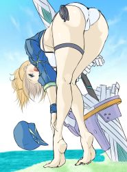 Rule 34 | 1girl, artoria pendragon (fate), ass, baseball cap, bikini, blonde hair, blue eyes, blue headwear, blue jacket, blush, breasts, commentary request, cropped jacket, fate/grand order, fate (series), feet, hair between eyes, hat, highres, ill (0022), jacket, large breasts, legs, long hair, looking at viewer, mysterious heroine x (fate), mysterious heroine xx (fate), open mouth, ponytail, side-tie bikini bottom, swimsuit, thigh strap, white bikini, wristband